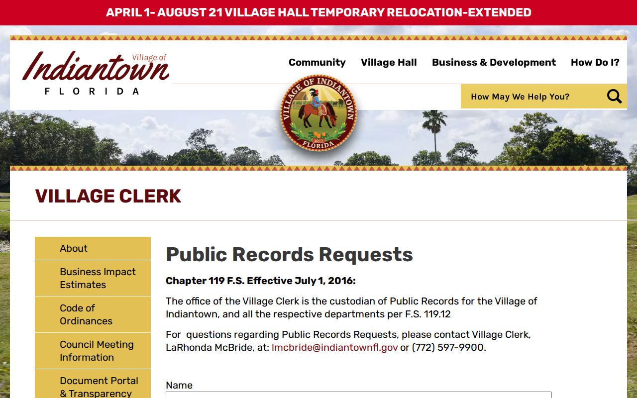 Village of Indiantown public records request page