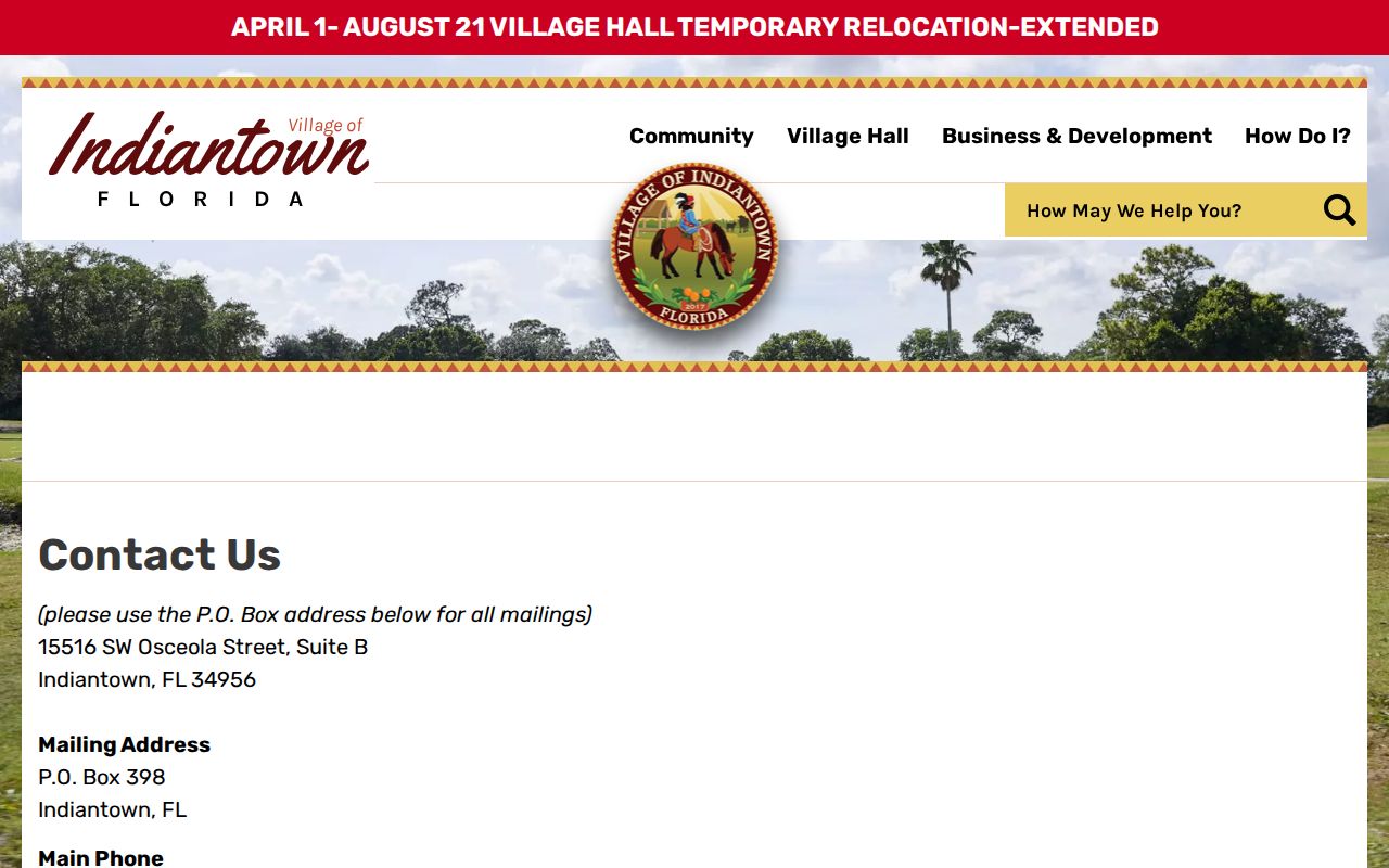 Village of Indiantown official contact page for Village Hall