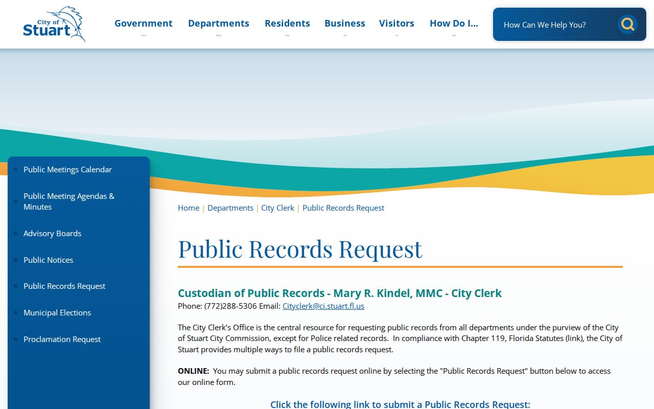 Stuart public records request page explaining the city records channel
