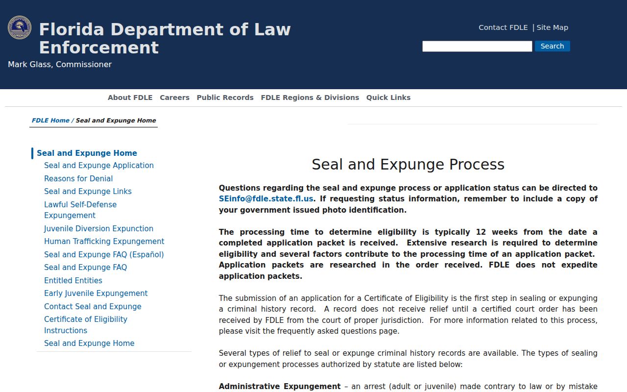 Martin County criminal history Florida sealing and expungement process