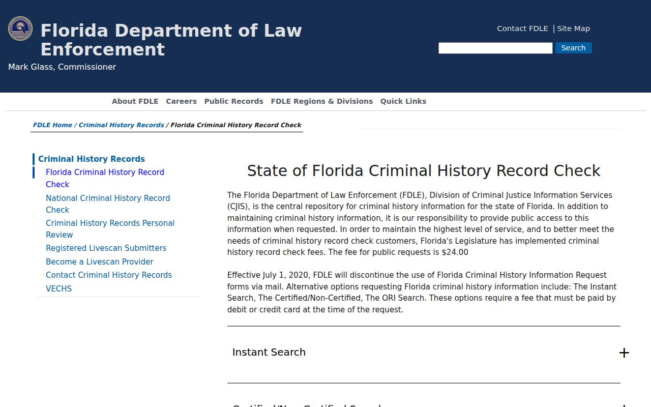 Martin County criminal history FDLE Florida check options