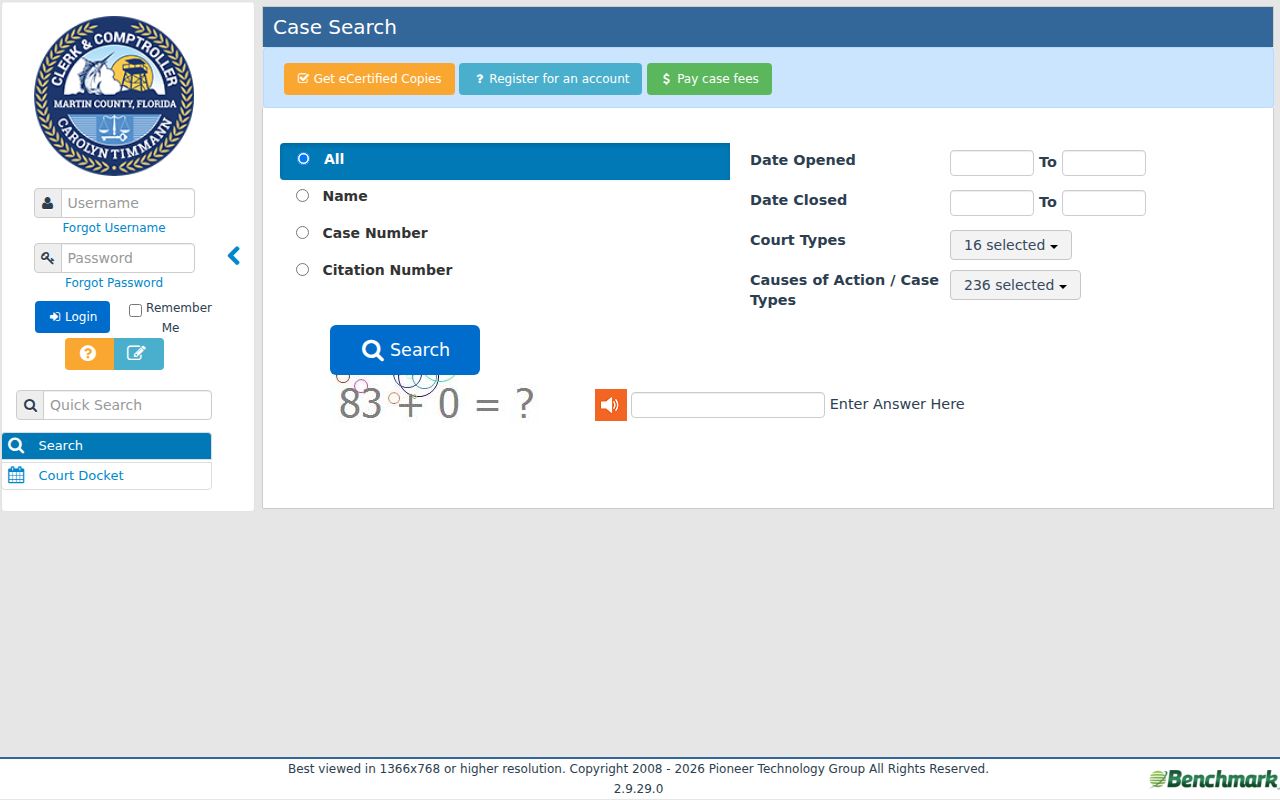 Martin County criminal court case records search screen
